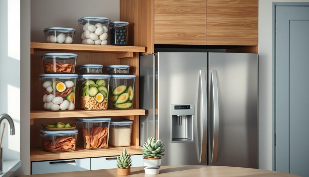 A well-organized low-carb meal prep storage solution in a cozy, minimalist kitchen with wooden textures and light blue accents. Glass containers of various sizes filled with keto-friendly breakfast ingredients like hard-boiled eggs, bacon, and fresh avocado slices neatly arranged on wooden shelves. A sleek, stainless steel refrigerator and a modest countertop with a small succulents plant provide a calming, efficient atmosphere. Soft, natural lighting illuminates the scene, emphasizing the clean, organized layout optimized for easy, low-carb mornings.