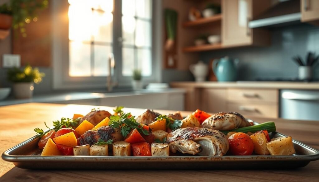 A well-organized sheet pan brimming with roasted vegetables, succulent chicken thighs, and aromatic herbs, bathed in warm, golden light from a large window in a cozy, minimal kitchen with wooden textures and light blue accents. The scene conveys the effortless convenience and satisfying flavors of a one-pan lunch meal prep, inviting the viewer to savor the delicious and nutritious outcome of this efficient cooking method.