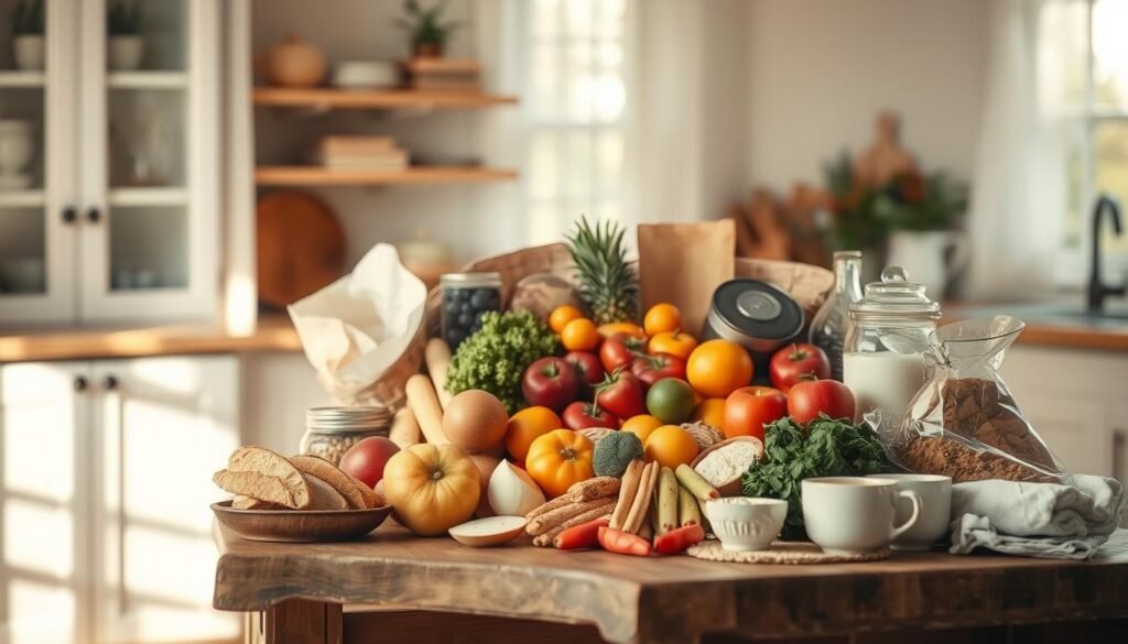 A well-stocked breakfast pantry, showcased on a rustic wooden table in a cozy, minimal kitchen. An artful arrangement of vibrant fruits, crisp vegetables, freshly baked breads, and a variety of proteins, grains, and dairy products. Warm, natural lighting filters through sheer curtains, casting a soft glow. The scene conveys a sense of culinary possibility, inviting the viewer to envision endless breakfast meal prep combinations. A versatile library of high-quality, fresh ingredients, ready to be mixed and matched for a nourishing start to the day.