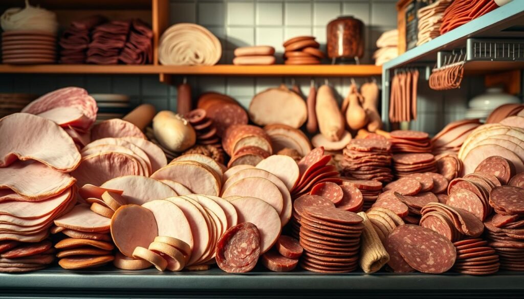 A well-stocked deli counter overflowing with a tempting array of classic meats - thick slices of savory ham, roast beef, and turkey, accompanied by glistening salami, pepperoni, and pastrami. The meats are displayed against a backdrop of warm, wooden shelves, accented with subtle hints of pale blue. Soft, natural lighting casts a cozy glow, casting gentle shadows that highlight the texture and depth of the cured cuts. The overall scene evokes a nostalgic, old-world charm, inviting the viewer to envision crafting timeless sandwiches and delectable deli-inspired meals.