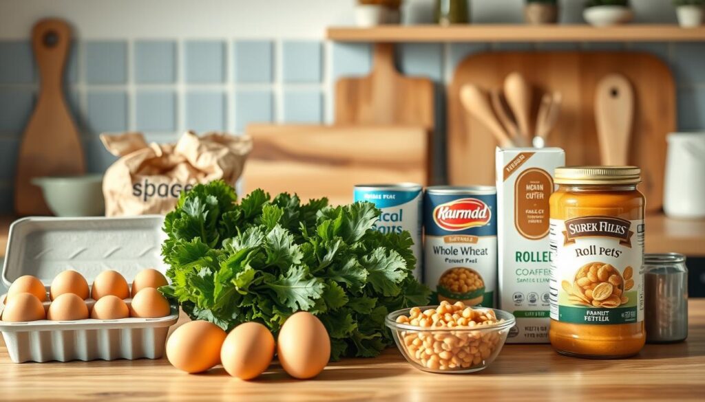 A well-stocked kitchen counter filled with a variety of budget-friendly meal prep ingredients. In the foreground, a carton of eggs, a bag of rolled oats, and a jar of peanut butter sit neatly arranged. In the middle ground, a bundle of fresh kale, a can of chickpeas, and a box of whole wheat pasta create a vibrant color palette. The background features a wooden cutting board, a simple spice rack, and a few small potted plants, reflecting the cozy, minimal kitchen atmosphere with light blue accents.