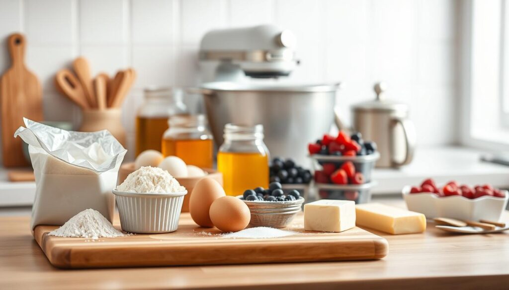 A well-stocked kitchen counter in a cozy, light-filled space, showcasing an assortment of muffin ingredients. In the foreground, a wooden cutting board displays various baking staples - flour, sugar, eggs, milk, and a stick of butter. Midground, a large mixing bowl and whisk stand ready, flanked by a jar of honey and a carton of fresh berries. In the background, a simple pot of freshly brewed coffee and a clean, minimal aesthetic creates a warm, inviting atmosphere. Soft, natural lighting casts a gentle glow over the scene, emphasizing the textures and colors of the ingredients. The overall mood is one of comforting familiarity, ready to inspire a delicious and nutritious breakfast.