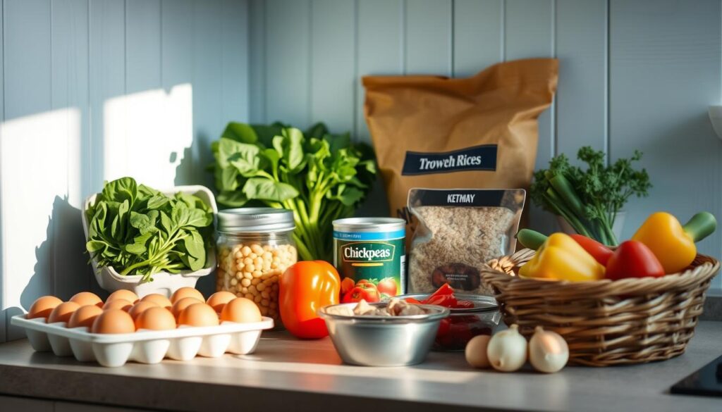 A well-stocked kitchen counter showcases a variety of budget-friendly meal prep ingredients: a carton of eggs, a bunch of fresh spinach, a can of tuna, a jar of chickpeas, a bag of brown rice, and a basket of seasonal vegetables like carrots, peppers, and onions. The lighting is soft and natural, casting a warm glow on the scene. The camera angle is slightly elevated, capturing the items in an orderly, almost minimalist arrangement against the backdrop of light blue walls and wooden textures. This scene exudes a sense of simplicity, practicality, and culinary potential, perfectly embodying the "Budget-Friendly Meal Prep Ideas" theme.
