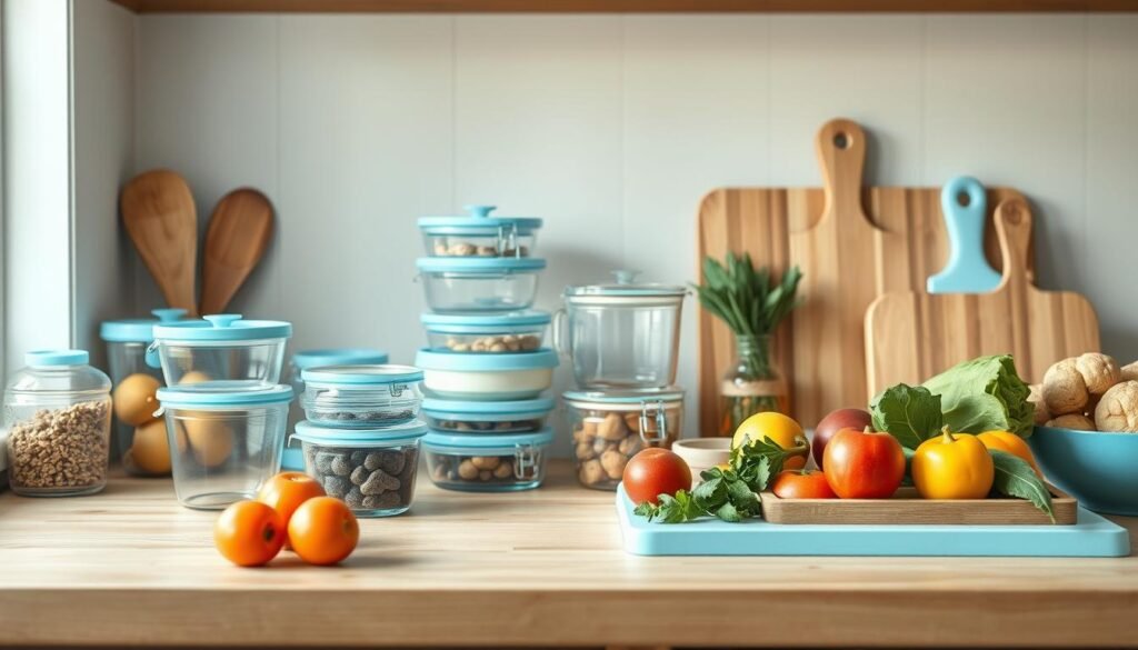 A well-stocked kitchen counter with a variety of meal prep essentials: glass containers, measuring cups, cutting boards, and a selection of fresh, seasonal produce. Soft, natural lighting accentuates the warm, rustic textures of the wooden surfaces. A minimalist aesthetic with pops of light blue accents creates a calming, organized atmosphere, perfect for planning and preparing nourishing meals. The arrangement conveys a sense of efficiency and a dedication to mindful, wholesome eating.
