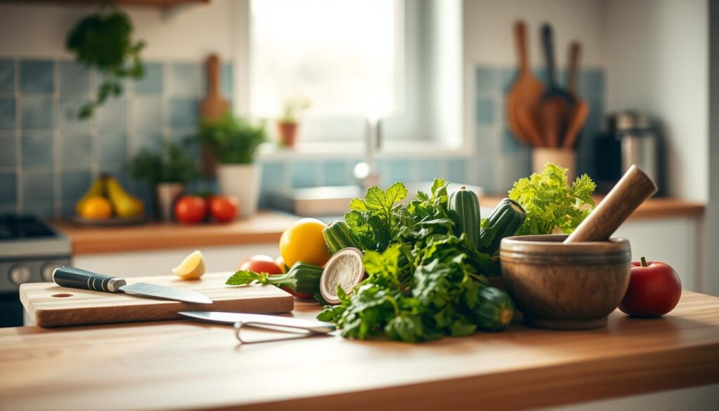 A well-stocked kitchen counter with an assortment of fresh ingredients and prepping essentials: a cutting board, sharp knives, a peeler, a mixing bowl, and a mortar and pestle. The counter is made of warm, smooth wood, complemented by light blue ceramic tiles on the backsplash. Soft, natural lighting filters in through a nearby window, casting a cozy, inviting glow over the scene. In the background, a simple, minimalist kitchen interior provides a clean, uncluttered backdrop, allowing the featured elements to take center stage.