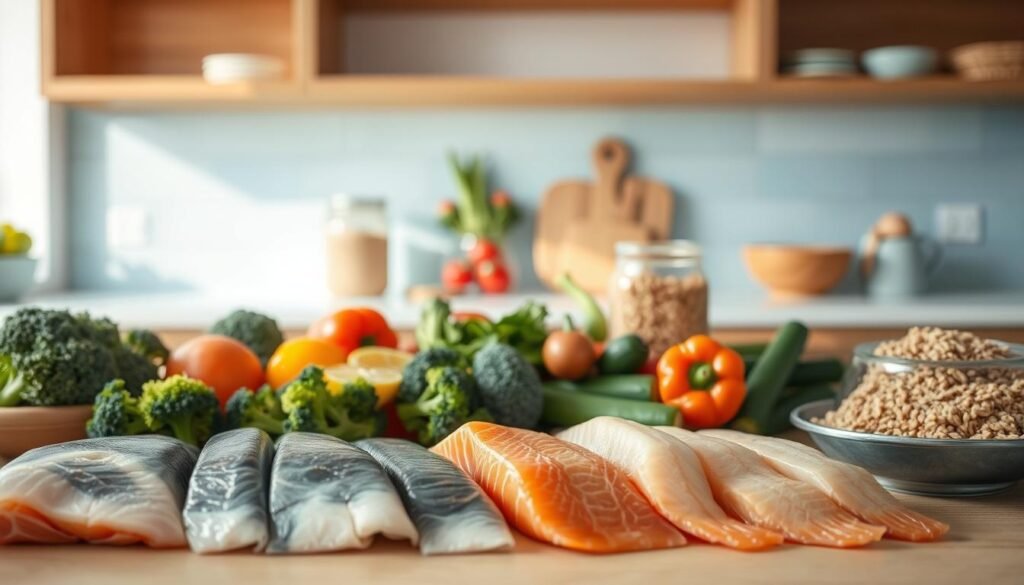 A well-stocked kitchen counter with various meal prep ingredients in natural lighting. In the foreground, an assortment of fresh fish fillets, such as salmon and tilapia, arranged neatly. In the middle ground, an array of colorful vegetables, including broccoli, bell peppers, and zucchini, alongside a jar of quinoa and a bowl of brown rice. In the background, a backdrop of wooden shelves and light blue accents, creating a cozy, minimalist atmosphere. The scene evokes a sense of healthy, high-protein meal preparation, perfect for the 