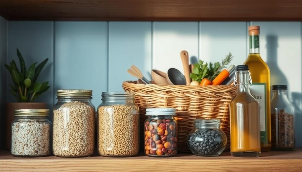 A well-stocked pantry of versatile staples rests on a wooden shelf in a cozy kitchen. In the foreground, glass jars filled with rice, lentils, and oats sit alongside cans of beans and tomatoes. In the middle ground, a woven basket holds fragrant spices and herbs, while a glass bottle of olive oil glistens nearby. The background features light blue accents on the walls, creating a serene and minimalist atmosphere. The lighting is soft and diffused, casting a warm glow over the scene. The overall composition emphasizes the importance of having a well-prepared pantry for effortless meal prep.