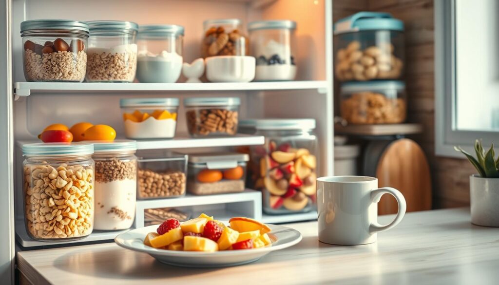 A well-stocked refrigerator with assorted glass containers, each filled with a variety of freshly prepared breakfast items like oatmeal, yogurt, and fruit. The shelves are neatly organized, and the lighting casts a warm, inviting glow across the scene. On the counter, a plate of reheated breakfast sits next to a mug of steaming coffee, ready to be enjoyed. The kitchen has a cozy, minimal aesthetic with wooden textures and light blue accents, creating a calming and efficient environment for meal prepping and reheating.