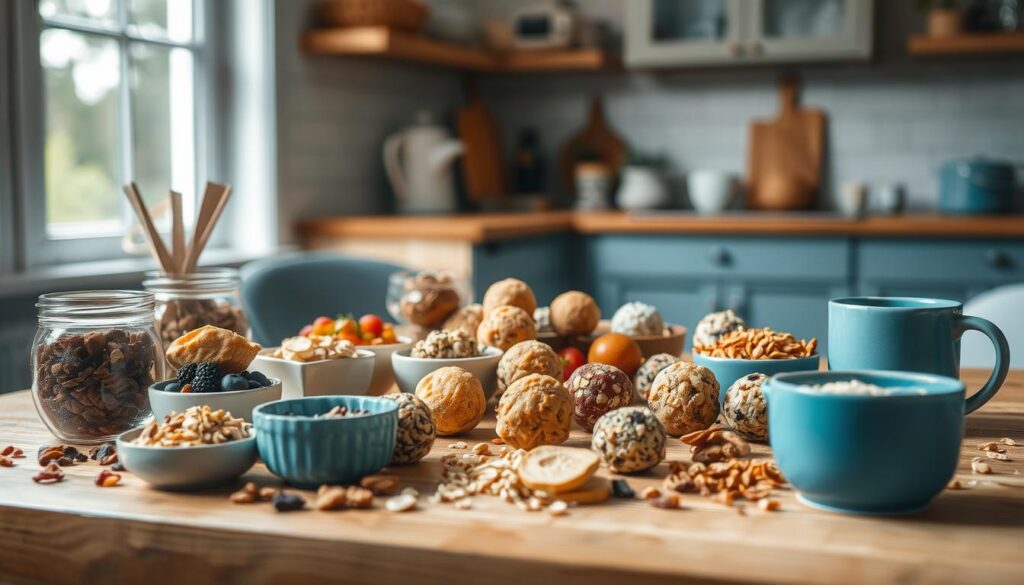 A wide assortment of customizable energy bites arranged on a wooden table in a cozy kitchen. An array of vibrant ingredients like nut butters, dried fruits, granola, and superfood powders are displayed, inviting experimentation. Soft, natural lighting accentuates the textured surfaces and muted blue accents, creating a serene, minimalist atmosphere. The bites are presented in a variety of shapes, sizes, and colors, hinting at the endless flavor combinations possible. A sense of wholesome, nourishing indulgence pervades the scene, inspiring the viewer to get creative with their own energy-boosting snacks.