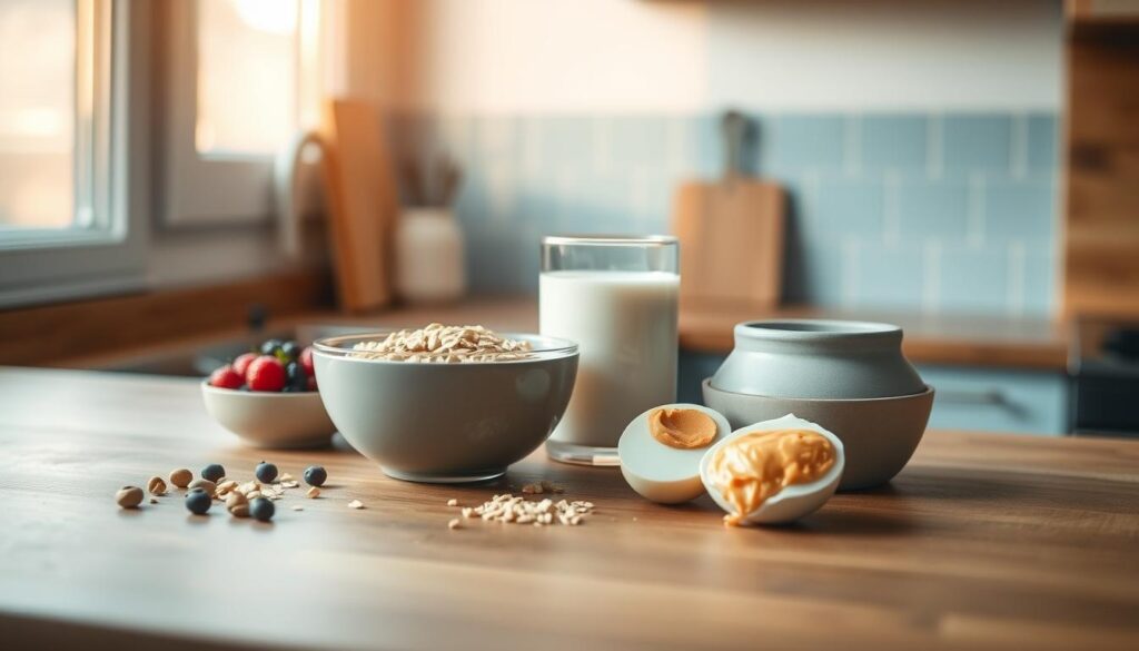 A wooden kitchen counter displaying an assortment of nutrient-dense recovery foods: a bowl of oats, a glass of milk, a handful of berries, a hard-boiled egg, and a scoop of nut butter. Warm, directional lighting from a window highlights the natural textures and colors, creating a calming, inviting atmosphere. In the background, a light blue accent wall provides a soothing contrast. The scene conveys a balanced, wholesome approach to replenishing the body after physical exertion.