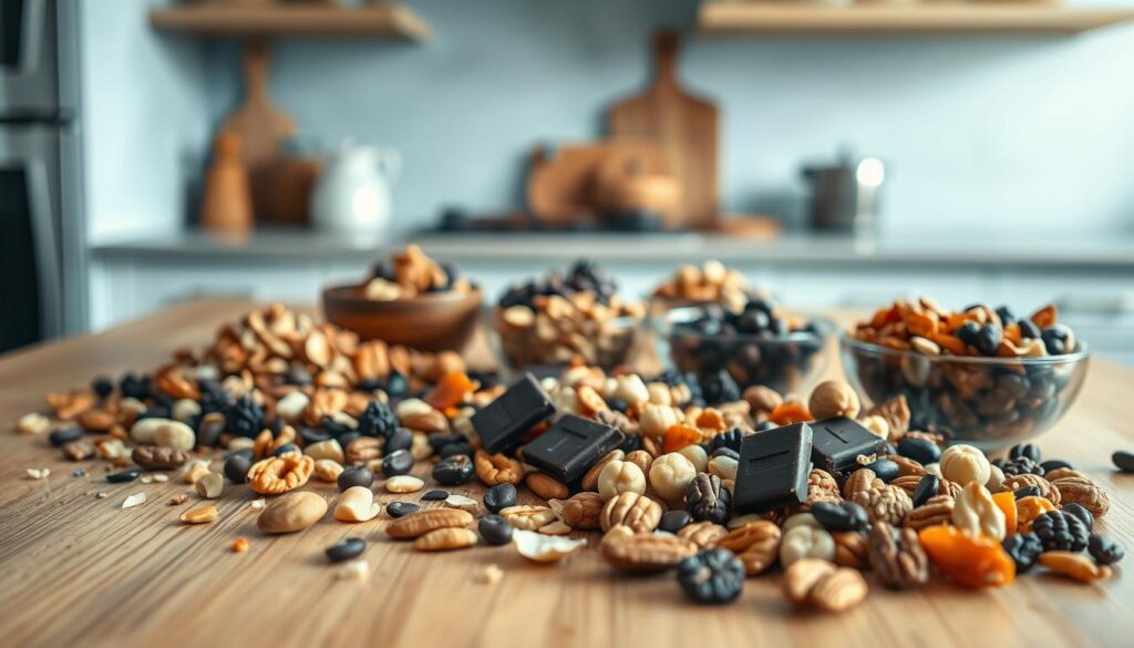 A wooden kitchen counter displays an artfully arranged assortment of custom trail mix combinations. In the foreground, various nuts, seeds, dried fruits, and dark chocolate pieces are elegantly scattered, creating a visually appealing and textural display. The middle ground features small bowls filled with the different mix components, allowing the viewer to imagine combining them in unique ways. The background is a minimalist, light blue-toned kitchen, highlighting the natural, wholesome vibe of the scene. Soft, diffused lighting illuminates the scene, casting gentle shadows and enhancing the warm, inviting atmosphere. The overall composition captures the endless possibilities of crafting personalized trail mix blends for a nourishing, no-heat lunchbox meal.