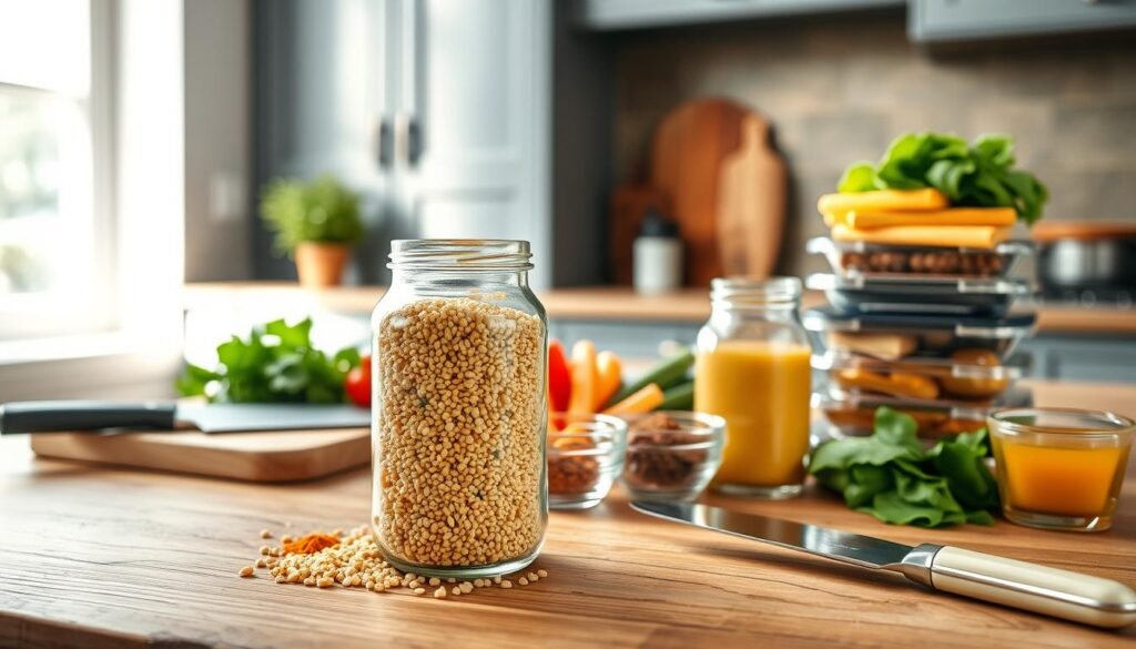 A wooden kitchen counter showcases an artfully arranged selection of quinoa meal prep essentials. In the foreground, a glass jar filled with golden-hued quinoa grains takes center stage, surrounded by freshly chopped vegetables, a cutting board, and a sharp chef's knife. In the middle ground, a small bowl of spices - cumin, coriander, and turmeric - adds vibrant pops of color, while a sleek glass container of honey and a stack of meal prep containers hint at the meal-planning potential. The background features muted blue-gray cabinets, natural light filtering in through a window, and subtle wood textures, creating a cozy, minimalist atmosphere ideal for focused meal prep.