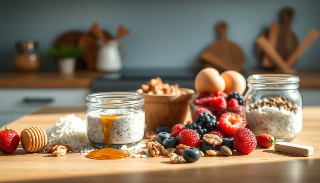 A wooden kitchen counter showcases an assortment of artfully arranged overnight oats toppings. In the foreground, a selection of fresh berries, toasted nuts, and a drizzle of honey glisten under soft, natural lighting. In the middle ground, a variety of dried fruits, shredded coconut, and cinnamon sticks add texture and warmth. The background features a minimal, light blue accent wall, conveying a cozy, inviting atmosphere perfect for customizing a nourishing, sugar-free breakfast.