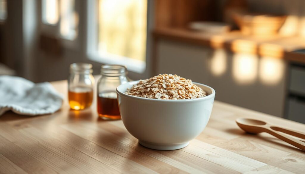 A wooden kitchen counter with a clean, minimal aesthetic. On the surface, a white ceramic bowl filled with rolled oats. Next to it, a small glass jar of honey, a spoon, and a small wooden spoon for stirring. Soft natural light streams in through a window, casting a warm glow on the scene. The image captures the step-by-step process of preparing a nourishing, delicious breakfast of overnight oats, with a focus on the simple, wholesome ingredients.