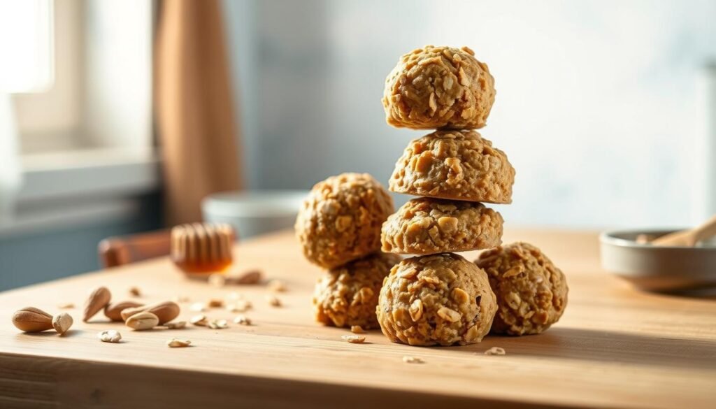 A wooden kitchen counter with a smooth, natural surface. On it, a stack of homemade peanut butter energy bites, their golden-brown color contrasting with the soft blue tones of the surrounding environment. Warm, gentle lighting casts a soft glow, highlighting the bites' moist, textured appearance. Nearby, a few scattered ingredients - peanuts, oats, and a small bowl of honey - hint at the simple, wholesome recipe. The scene exudes a sense of comfort and nourishment, inviting the viewer to imagine the satisfying flavor and energy-boosting benefits of these make-ahead breakfast treats.