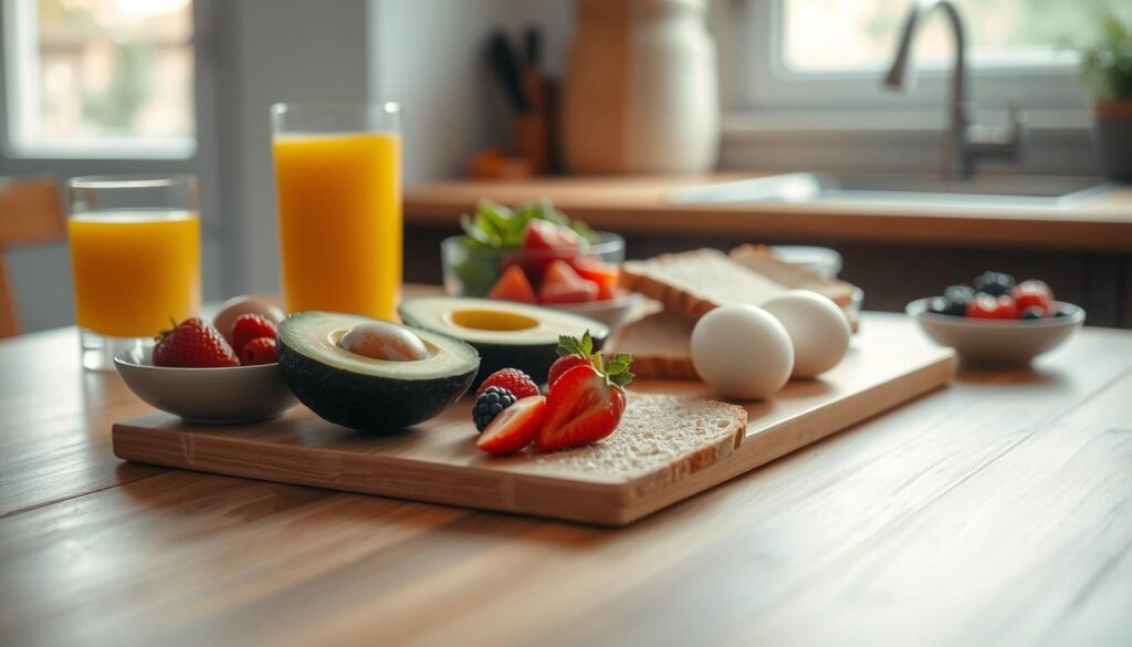 A wooden kitchen counter with a variety of fresh breakfast ingredients neatly arranged, including eggs, avocado, whole grain toast, mixed berries, and a glass of freshly squeezed orange juice. Soft natural lighting filters in through a nearby window, casting a warm glow on the scene. The overall atmosphere is calming and inviting, conveying a sense of ease and simplicity for a beginner's breakfast meal prep guide.