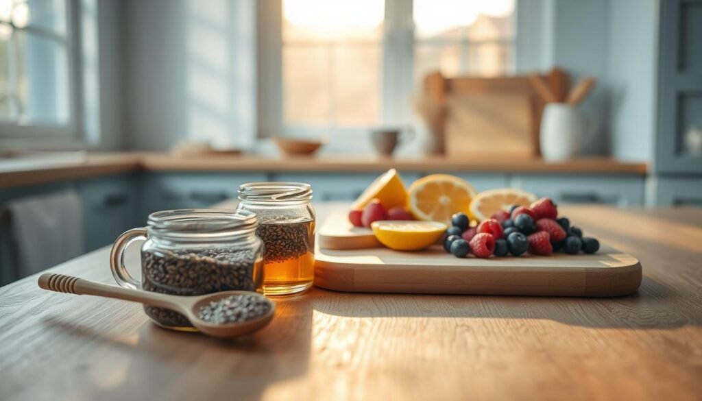 A wooden kitchen counter with an array of natural sweeteners - honey, maple syrup, and fresh berries - elegantly arranged. Shafts of warm, diffused light from a large window cast a soft, cozy glow. In the foreground, a glass jar filled with chia seeds and a wooden spoon rest alongside the sugary delights. The middle ground features a cutting board with sliced citrus fruits, adding a touch of vibrant color. The background subtly hints at the light blue accents of the kitchen, creating a harmonious, minimalist atmosphere that invites contemplation of the balance between natural and added sweeteners.