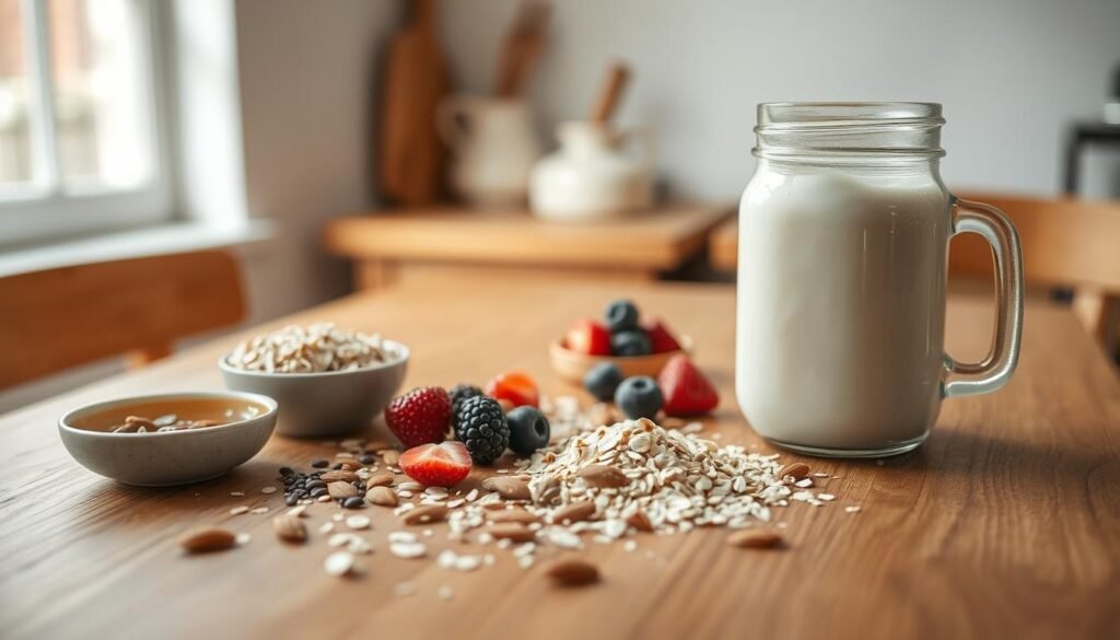 A wooden kitchen table in a cozy, minimal environment, with natural light streaming in from a window. On the table, a scatter of key ingredients for an overnight oats recipe: rolled oats, chia seeds, sliced almonds, fresh berries, a drizzle of honey, and a mason jar filled with creamy yogurt. The lighting is soft and inviting, casting a warm glow over the scene. The overall atmosphere is one of simplicity, nourishment, and natural goodness - the perfect setting to showcase the key elements of a satisfying overnight oats recipe.