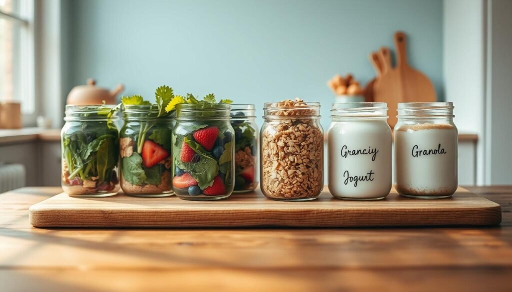A wooden table in a cozy kitchen, bathed in warm natural light. On it, an assortment of fresh ingredients neatly arranged in a row of classic mason jars - crisp greens, juicy berries, crunchy granola, and creamy yogurt. The jars have simple, hand-written labels, highlighting their contents. The scene evokes a sense of rustic elegance and the promise of a wholesome, nourishing breakfast. A minimalist, light blue-accented backdrop complements the earthy tones, creating a serene, inviting atmosphere perfect for meal prepping.