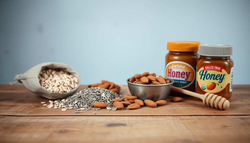 A wooden table with a slightly worn, rustic texture serves as the focal point. Neatly arranged in the foreground are the essential ingredients for energy bites: rolled oats, chia seeds, almonds, honey, and peanut butter. Soft, diffused lighting emanates from the side, casting gentle shadows and highlighting the natural tones of the ingredients. In the background, a light blue-painted wall provides a calming, minimalist backdrop, complementing the earthy, wholesome vibe. The overall scene conveys a sense of simplicity, nourishment, and efficiency - the perfect setup to illustrate the 