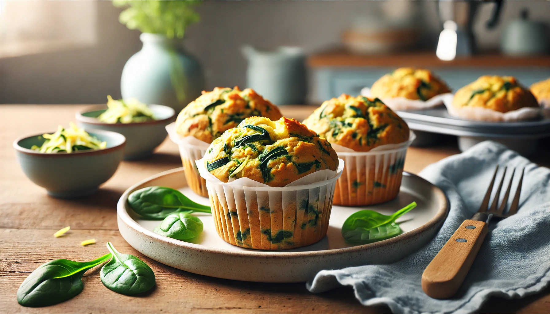 Air Fryer Protein Breakfast Muffins Spinach and zucchini breakfast muffins on a plate with fresh spinach leaves.