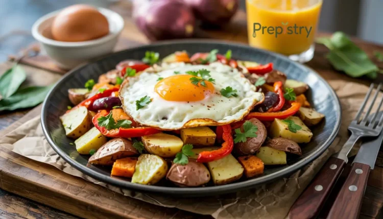 A plate with roasted potatoes, peppers, and a fried egg on top.