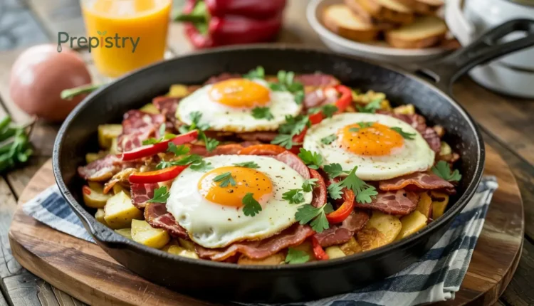 A skillet with fried eggs, bacon, and roasted potatoes topped with parsley.