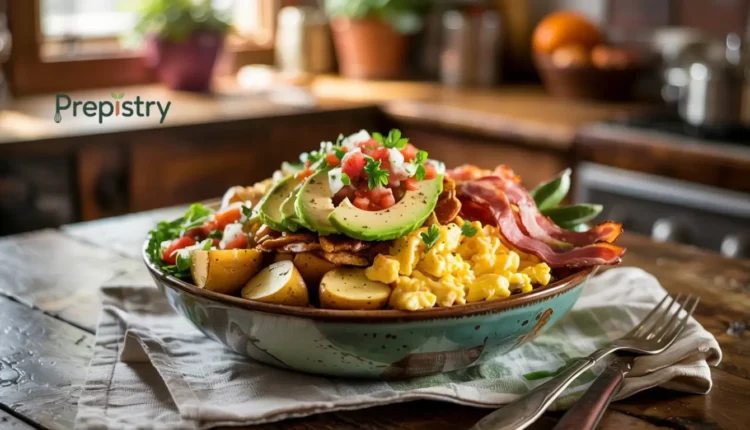 A healthy breakfast bowl with scrambled eggs, bacon, avocado, salsa, and potatoes.