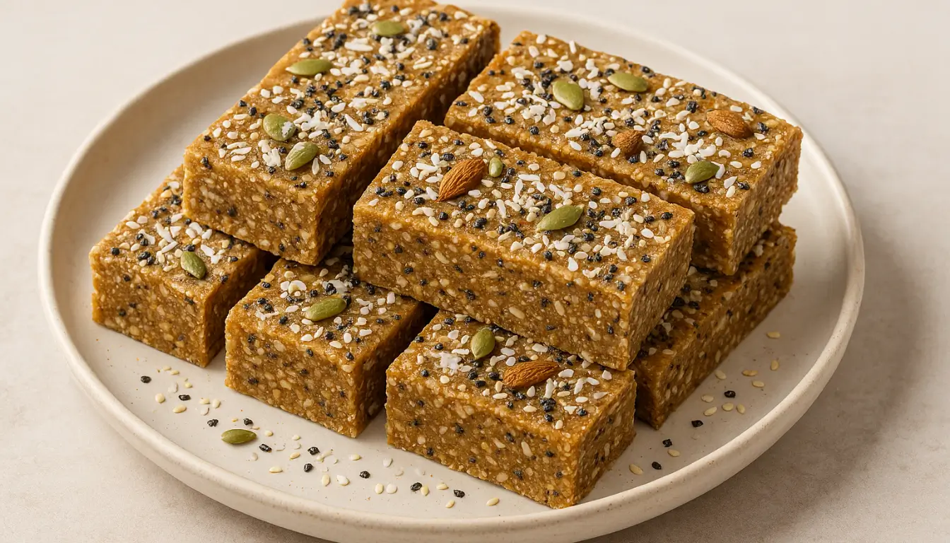 Almond Tahini Breakfast Bars No-bake energy bars topped with seeds and almonds on a ceramic plate