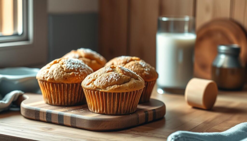 Almond flour and protein powder muffins resting on a wooden cutting board, with a glass of milk in the background. Soft, golden-brown muffins are arranged neatly, their tops sprinkled with a light dusting of powdered sugar. Warm, natural lighting bathes the scene, casting a cozy glow and highlighting the rustic, homemade aesthetic. The kitchen environment features wooden textures and light blue accents, creating a minimalist, inviting atmosphere. The muffins are the focal point, their ingredients and health benefits clearly visible and enticing.