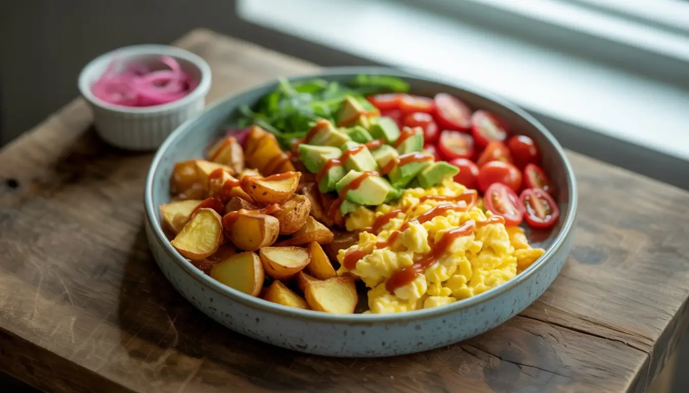 Easy American Style Breakfast Bowl 2 A hearty breakfast bowl with scrambled eggs, roasted potatoes, avocado, and tomatoes.