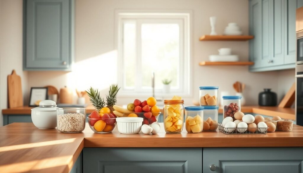 An airy, minimalist kitchen with warm wooden countertops and light blue cabinets. On the counter, an assortment of budget-friendly breakfast staples: oatmeal, fresh fruits, greek yogurt, and hard-boiled eggs, arranged in simple, reusable glass containers. Soft natural light streams in through a window, casting a gentle glow over the scene. A sense of calm organization and efficiency pervades the space, reflecting the weekly meal prep ritual.