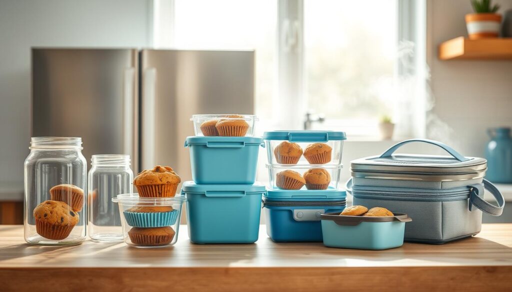 An airy, sunlit kitchen counter showcases an assortment of muffin storage containers - sleek glass jars, stackable plastic containers, and insulated lunchbox-style carriers. Wisps of steam rise from a stainless steel freezer, hinting at the frozen protein-packed muffins within. Textured wooden surfaces and soft blue accents create a calming, organized ambiance, highlighting the make-ahead convenience of these nutritious breakfast treats.