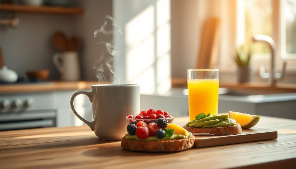 An airy, well-lit kitchen bathed in soft morning light. On the wooden countertop, a simple yet satisfying spread of breakfast essentials: a steaming mug of herbal tea, a bowl of fresh berries, a small plate of avocado toast, and a glass of freshly squeezed orange juice. The scene captures the essence of a quick, nourishing morning routine, with an emphasis on wholesome, power-packed ingredients that invigorate the mind and body.