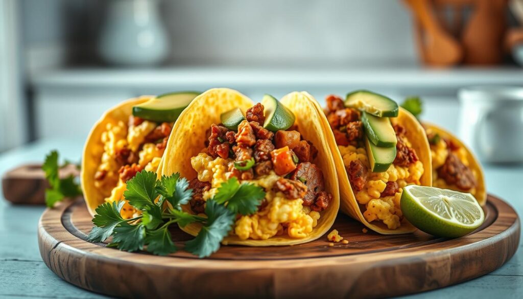 An appetizing arrangement of savory breakfast tacos, their soft, corn tortilla shells piled high with fluffy scrambled eggs, crumbled chorizo sausage, and vibrant slices of ripe avocado. The tacos are presented on a rustic wooden board, nestled among sprigs of fresh cilantro and a zesty lime wedge. Warm, natural lighting casts a comforting glow over the scene, highlighting the textures and colors. The minimal, light blue-accented kitchen setting provides a clean, inviting backdrop, emphasizing the wholesome, homemade quality of the dish.
