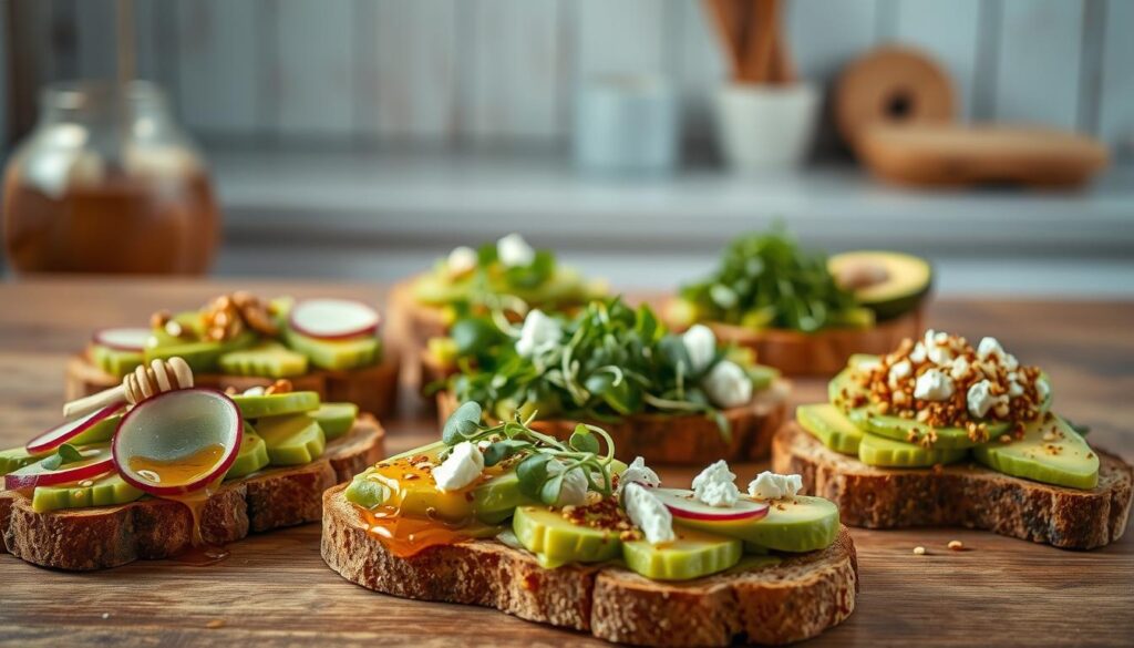 An artfully composed spread of gluten-free avocado toast variations, each with its own unique toppings and textures. In the foreground, slices of sourdough toast are topped with creamy avocado, drizzled with honey, and garnished with a sprinkle of toasted sesame seeds. In the middle ground, a variety of nutrient-dense toppings are arranged, including sliced radish, microgreens, crumbled feta, and a sprinkle of chili flakes. The background features a minimal kitchen setting with wooden textures and light blue accents, creating a cozy, inviting atmosphere. The lighting is soft and diffused, adding a warm, natural glow to the scene. The overall composition is visually balanced and appetizing, showcasing the healthy, flavorful components of these gluten-free avocado toast creations.