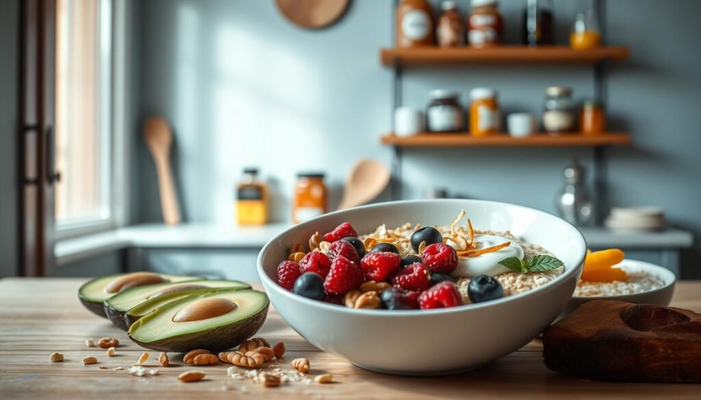 An artisanal keto breakfast bowl composition showcased in a cozy, minimal kitchen setting. The foreground features a variety of keto-friendly ingredients arranged with care - creamy avocado, juicy berries, crunchy nuts, and dollops of rich, full-fat yogurt. The midground has a sleek white ceramic bowl filled with an enticing low-carb breakfast porridge, garnished with toasted coconut flakes. In the background, wooden shelves hold jars of nut butters, olive oil, and other healthy pantry staples, against a light blue accent wall. Soft, diffused natural light from a nearby window casts a warm, inviting glow over the entire scene. The overall aesthetic is clean, minimalist, and visually appetizing, inspiring the viewer to explore new keto breakfast bowl creations.