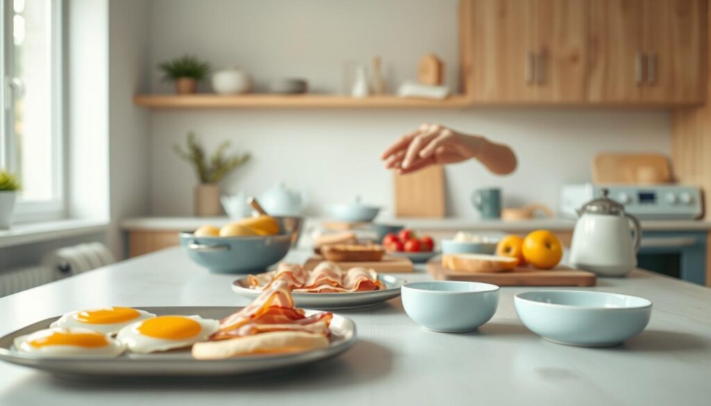 An assembly line of breakfast preparation steps, captured in a cozy, minimal kitchen setting with wooden textures and light blue accents. In the foreground, various breakfast ingredients - eggs, bacon, toast, and fresh fruit - are neatly arranged on a clean countertop. In the middle ground, hands are shown carefully assembling the components, demonstrating the efficient workflow. The background features a clean, well-lit space with simple shelving and appliances, conveying a sense of order and organization. The lighting is soft and natural, casting a warm glow over the scene. The overall mood is one of calm productivity, reflecting the step-by-step process of preparing a delicious and nourishing breakfast.