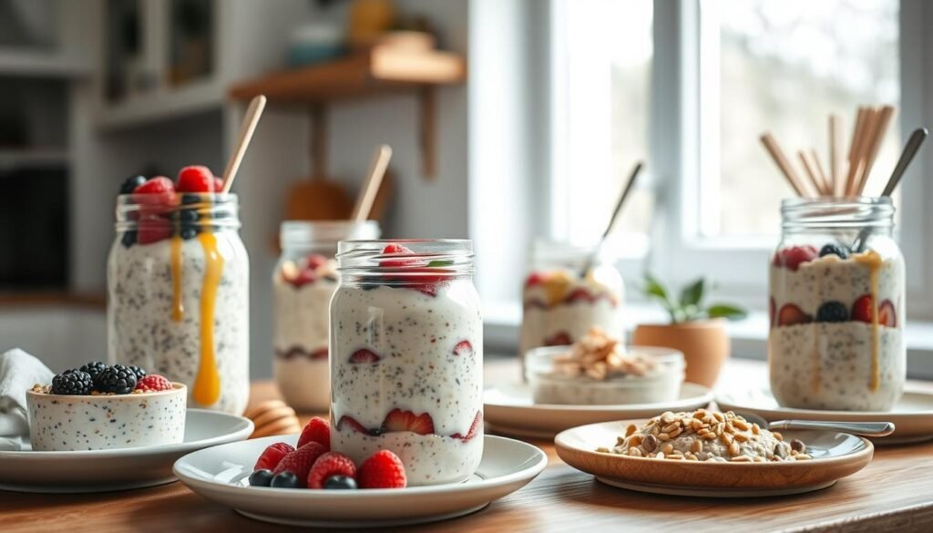 An assortment of creatively arranged overnight oats in mason jars, bowls, and plates set against a backdrop of a cozy, minimalist kitchen. The oats are garnished with fresh berries, nuts, seeds, and drizzles of natural sweeteners like honey or maple syrup. Diffused natural light filters through the window, casting a warm glow over the scene. Wooden textures and light blue accents create a soothing, inviting atmosphere. The composition highlights the versatility and visual appeal of these nourishing breakfast options.