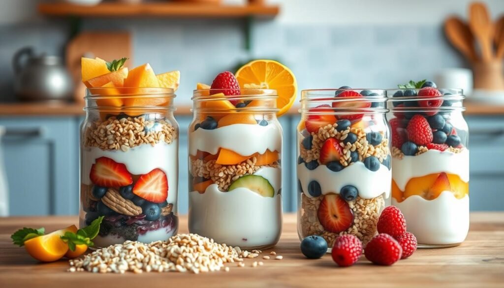 An assortment of fresh seasonal fruits, whole grains, and protein-rich yogurt artfully arranged inside a collection of transparent mason jars against a backdrop of a cozy, minimalist kitchen with wooden surfaces and light blue accents. The jars are illuminated by soft, natural lighting, casting a warm, inviting glow. The overall composition conveys the benefits of a nutritious, make-ahead breakfast that is both visually appealing and convenient to enjoy on the go.