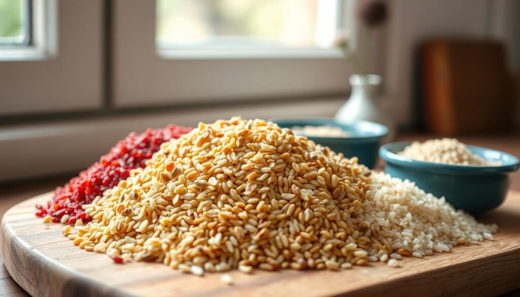 An assortment of nourishing grains and quinoa nestled on a wooden board, bathed in soft natural light filtering through a window. Vibrant red quinoa, earthy brown rice, and fluffy white bulgur create a visually appealing medley. Accents of blue ceramic dishes and a simple vase with a single flower add a touch of rustic elegance. The scene exudes a sense of wholesome simplicity, inviting the viewer to savor the healthy, unprocessed ingredients that could be the foundation for a delectable lunchbox meal.