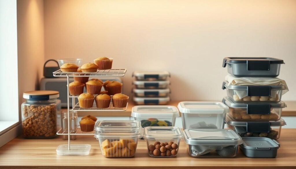 An elegantly organized kitchen counter displays a variety of storage solutions for meal prep. Glass and plastic containers of various sizes sit neatly arranged, their contents visible through transparent lids. A tiered wire rack holds individual portions of cooked breakfast muffins, while insulated bags and reusable silicone covers provide additional storage options. Warm lighting from above casts a soft glow, highlighting the clean lines and natural wood tones of the minimalist space. The scene conveys a sense of efficiency and culinary preparedness, ideal for supporting a healthy, on-the-go lifestyle.
