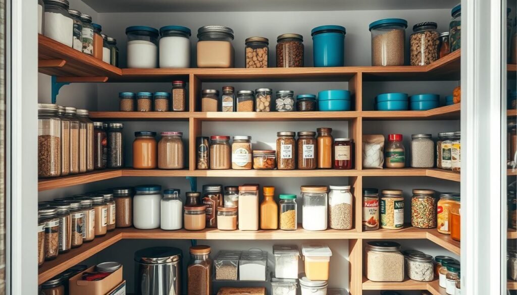 An organized and visually appealing pantry with wooden shelves, glass jars, and minimal blue accents. The shelves are neatly stocked with a variety of dry goods, canned items, and spices, all arranged in a clean and efficient manner. The lighting is soft and natural, highlighting the textures and colors of the pantry contents. The overall atmosphere is one of calm and order, conveying a sense of preparedness and control over one's food storage.