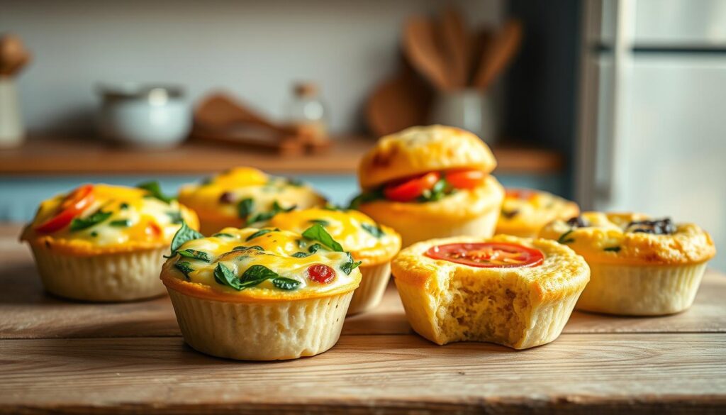 Appetizing arrangement of creative egg muffin variations, beautifully presented on a rustic wooden table against a minimal kitchen backdrop with light blue accents. The muffins feature an array of vibrant fillings, including spinach, tomatoes, and cheese, showcasing a delightful variety of flavors and textures. Soft, fluffy egg muffins are illuminated by warm, natural lighting, creating a cozy and inviting atmosphere. The scene is captured from a slightly elevated angle, highlighting the intricate details and the enticing presentation of this delectable breakfast meal prep option.