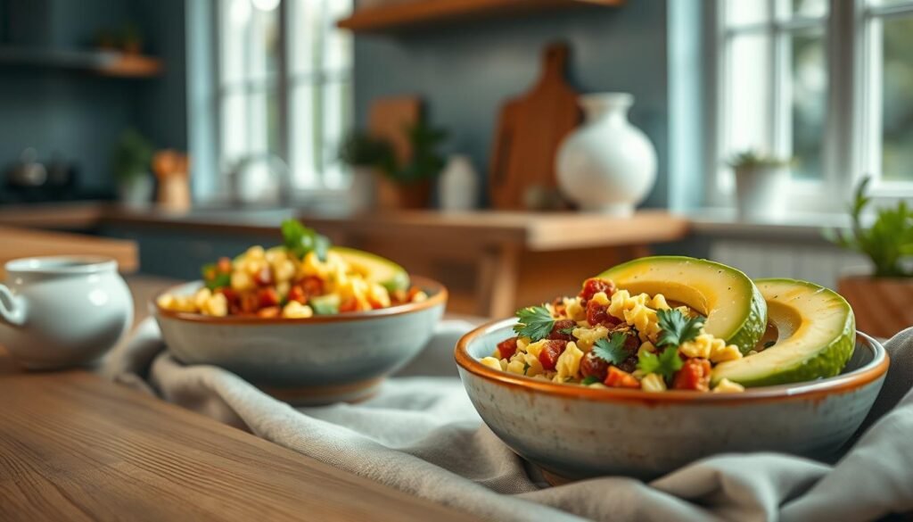 Appetizing breakfast burrito bowls nestled in a cozy, minimal kitchen setting. Fluffy scrambled eggs, savory chorizo, aromatic cilantro, and creamy avocado slices artfully arranged in handcrafted ceramic dishes. Warm, earthy wooden textures and light blue accents create a calming, inviting atmosphere. Soft, diffused lighting from large windows casts a gentle glow, highlighting the vibrant colors and textures of the delectable meal. A close-up, slightly angled perspective showcases the delicious details of this healthful, low-carb breakfast option.