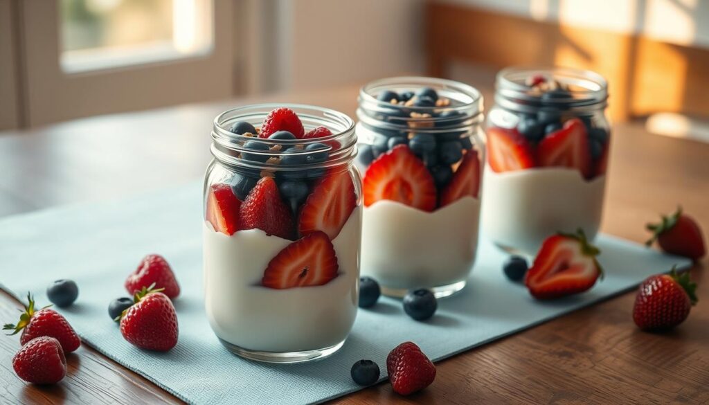 Appetizing breakfast parfaits with fresh raspberries, blueberries, and sliced strawberries layered in clear glass jars. The creamy yogurt base is topped with a sprinkle of crunchy granola. The jars are arranged on a rustic wooden table with a light blue placemat, creating a cozy, minimalist kitchen setting. Soft natural lighting from a nearby window casts warm shadows and highlights the vibrant colors of the fruit. The overall mood is fresh, healthy, and inviting.