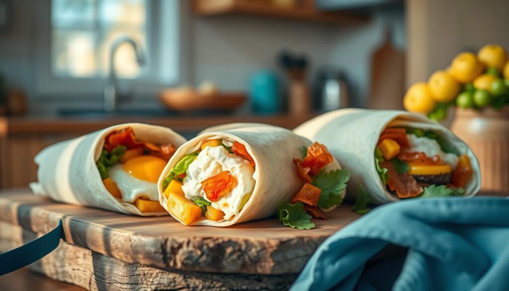 Artful breakfast wraps and burritos nestled on a rustic wooden surface, warm light cascading over their soft, inviting forms. Fluffy eggs, crisp bacon, and vibrant veggies peek out from within homemade tortilla shells, exuding a mouthwatering aroma. The scene is framed by a minimal, light-filled kitchen, hinting at the comforting atmosphere of a cozy morning routine. Soft blue accents add a touch of serenity, complementing the natural wood tones and creating a harmonious, appetizing composition.