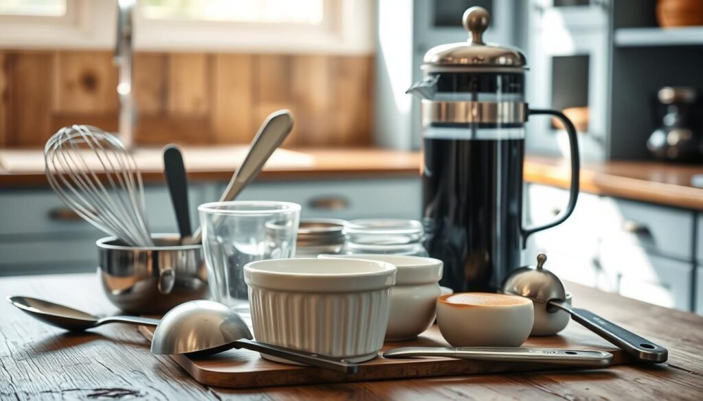 Artfully arranged assortment of essential breakfast tools on a rustic wooden table, bathed in soft, natural lighting. Gleaming metal utensils including a whisk, spatula, and can opener, complemented by a glass measuring cup, ceramic ramekins, and a vintage-inspired coffee press, all situated against a backdrop of warm-toned wood paneling and light blue cabinetry. The composition exudes a sense of simplicity, functionality, and culinary preparedness, perfectly capturing the spirit of a streamlined breakfast meal prep.
