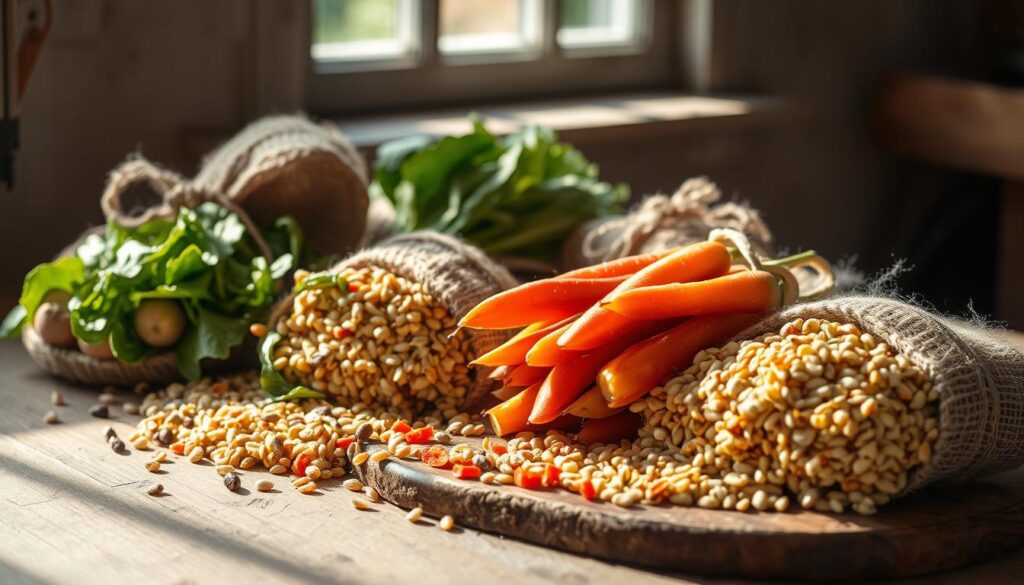 Artisanal vegetable grain bundles arranged on a rustic wooden surface, illuminated by soft, natural light filtering through a window. The bundles feature a mix of hearty grains like barley, quinoa, and farro, complemented by vibrant hues of leafy greens, carrots, and other seasonal produce. Textures abound, from the rough burlap ties to the smooth, earthen tones of the grains. A sense of simplicity and wholesome nourishment pervades the scene, inviting the viewer to imagine the delightful flavors and textures of a homemade antipasto plate.