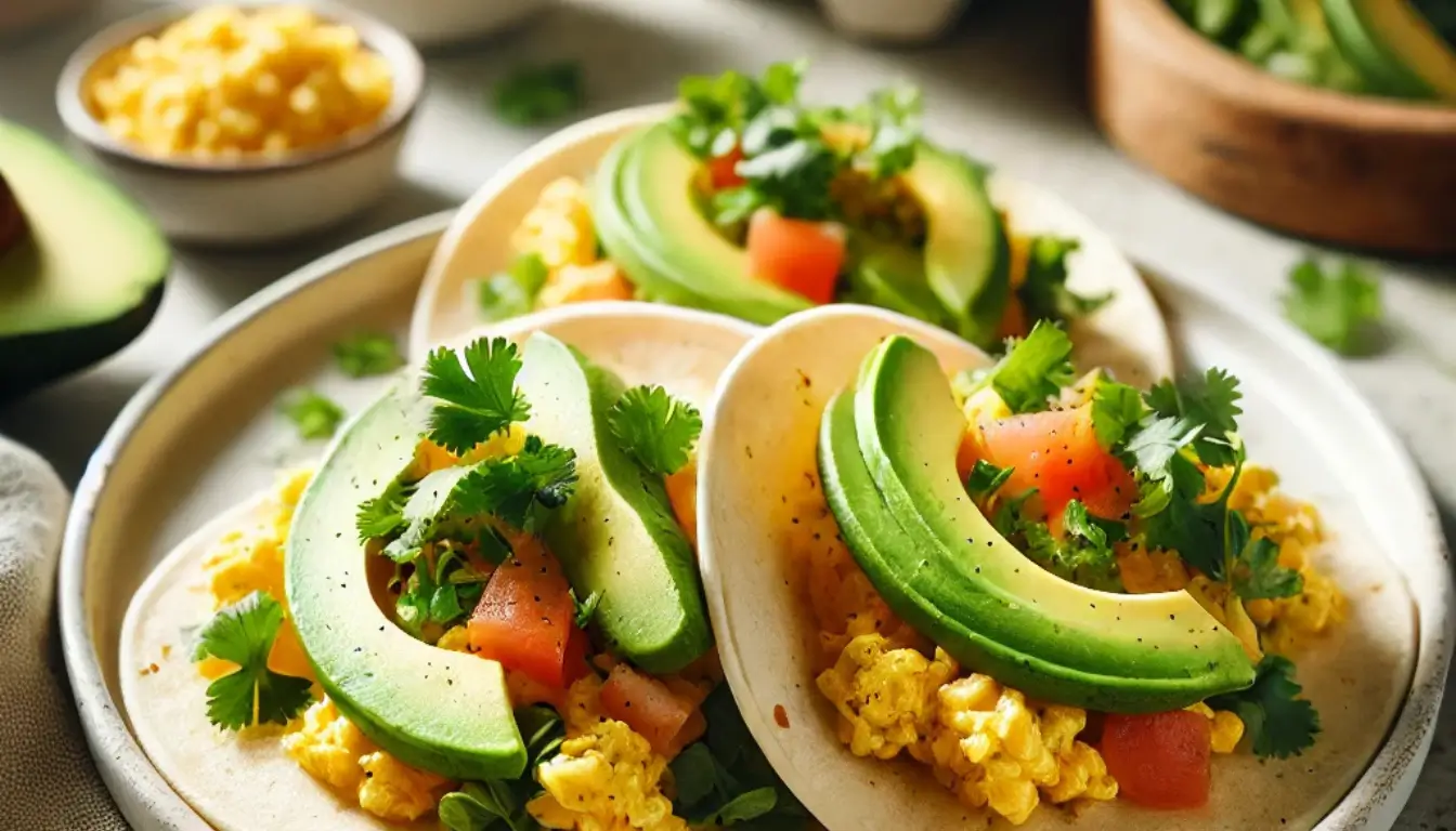 Avocado and Tomato Breakfast Tacos "Breakfast tacos with scrambled eggs, avocado, and tomato."